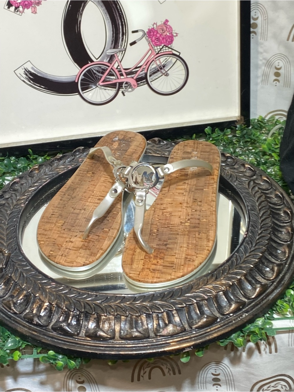 MICHAEL Michael Kors Silver Metallic Cork-Effect Thong Sandals